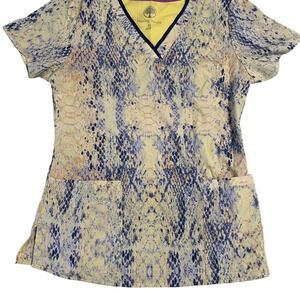 Healing Hands Blue and yellow womens XS snake print scrub top with pockets